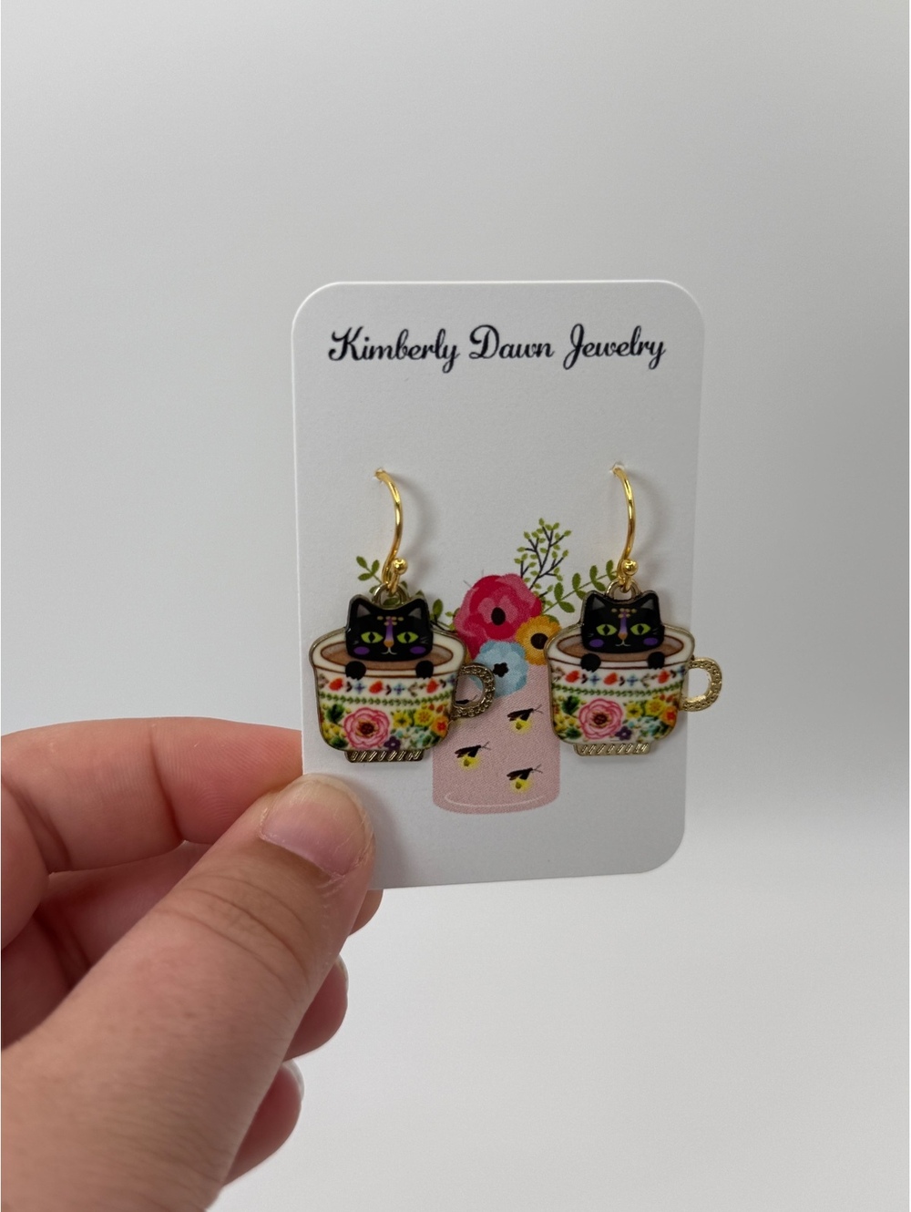 Kimberly Dawn Jewelry Black Cat Teacup Floral Dangle Earrings, NEW